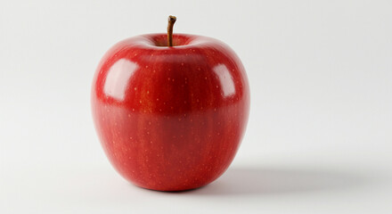A single shiny red apple with a brown stem isolated on a white background casting a subtle shadow