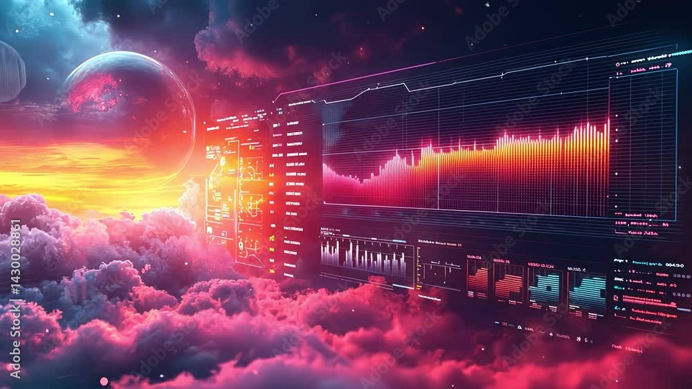 Poster vibrant digital landscape showcasing colorful data visualizations cosmic setting of clouds and dista
