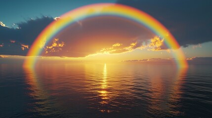 夕焼け空にかかる壮大なダブルレインボー