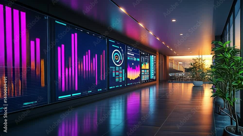 Poster modern office with colorful digital displays showcasing data visualization for inspiring and vibrant