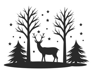 deer in winter forest vector silhouette illustration isolated on white background