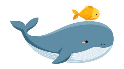 Obraz premium Cartoon whale swimming peacefully with cheerful goldfish on top in a playful ocean-themed illustration