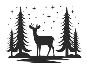 deer in winter forest vector silhouette illustration isolated on white background