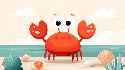 Fototapeta premium Cute and Cheerful Cartoon Crab on Beach with Shells and Ocean Background in Bright Colors and Simple Design