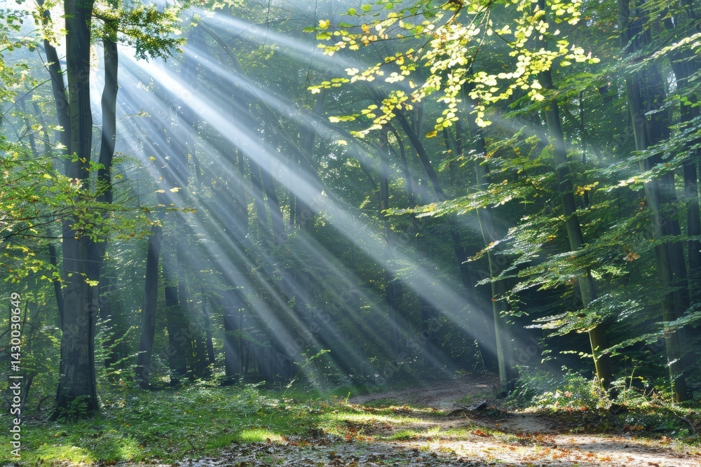 Poster sunlight streaming through trees in a serene forest setting.