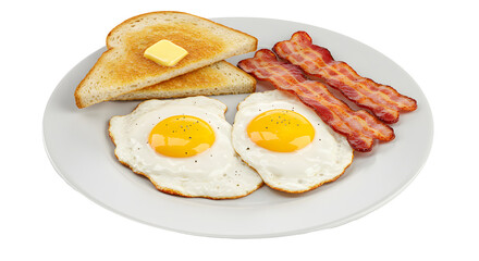 A white plate with two fried eggs, two slices of toast with butter, and bacon strips on a transparent  background