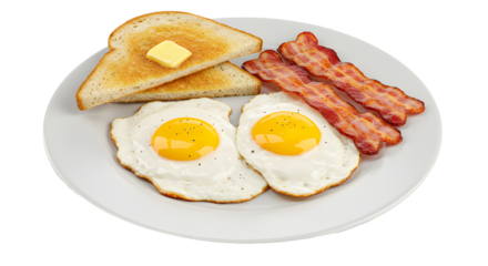 A white plate with two fried eggs, two slices of toast with butter, and bacon strips on a transparent  background