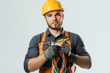 Portrait of a skilled electrician on a white background holding pliers and electrical cables.