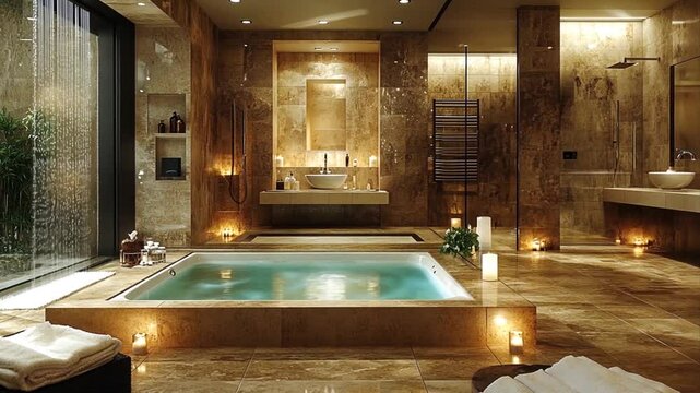 Indulge in luxury a serene bathroom retreat showcasing a jacuzzi tub and ambient candle lighting