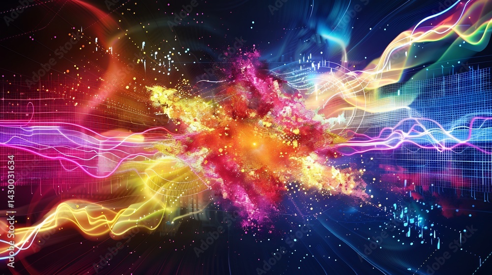 Poster a vibrant abstract composition with neon explosion digital texture and energy waves featuring a futu