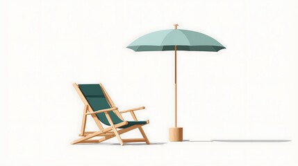 Wooden deck chair with green cushion and light turquoise umbrella on a minimal backdrop for relaxation