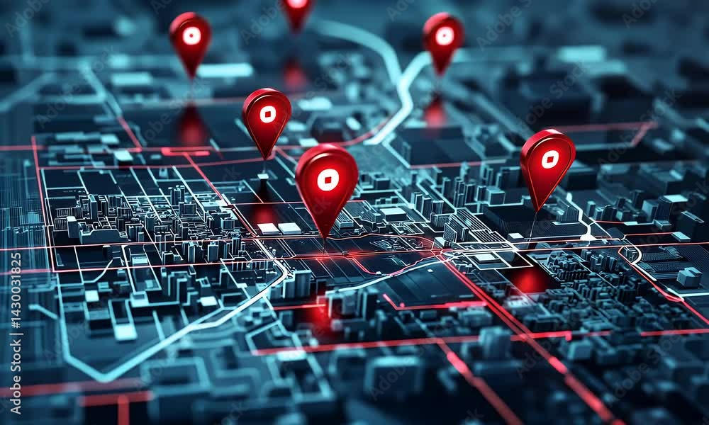 Poster futuristic digital map interface showing glowing gps location markers on a city grid, representing a