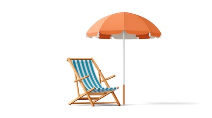 Fototapeta premium Vibrant Beach Chair and Umbrella Set Against a Clean White Background for Vacation and Summer Themes