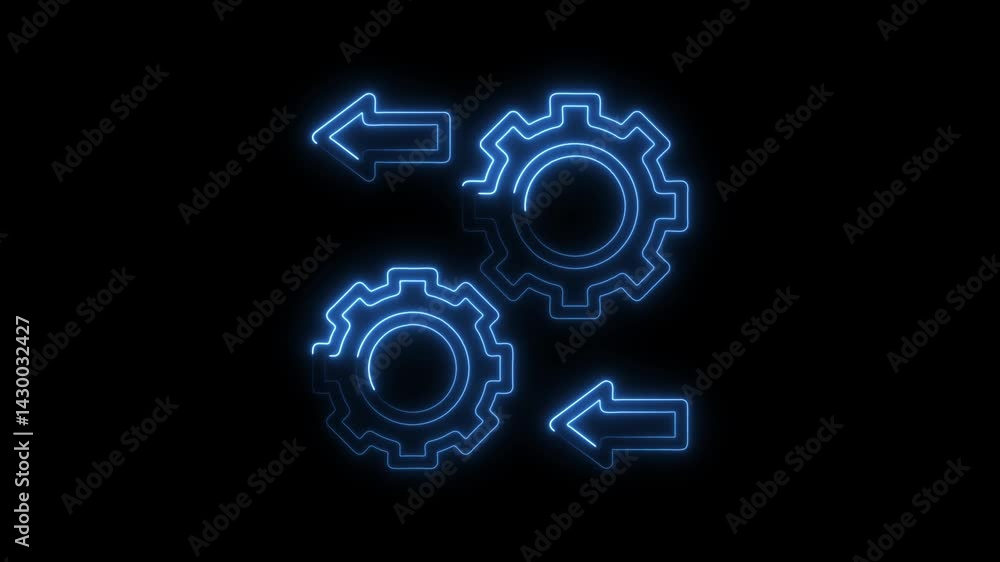 Poster glowing neon gears rotating with arrows on dark background animation