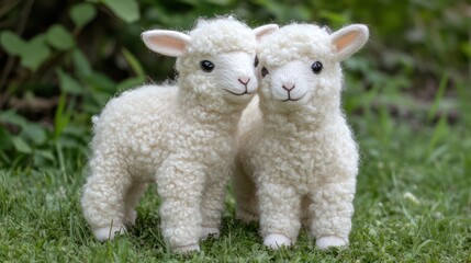 Obraz premium Two fluffy lamb toys cuddle on green grass, symbolizing spring, innocence, and Easter