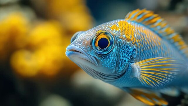 Underwater Eden: A captivating close-up of an aquatic marvel, the vibrant fish with blue and yellow hues. Capturing nature's beauty, showcasing the unique patterns and textures.