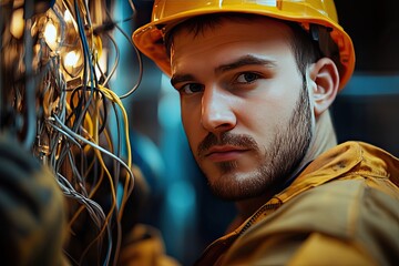 Portrait of a skillful electrician fixing wires with a tool in hand.