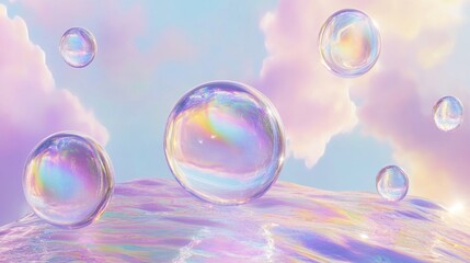 Naklejka premium Pastel iridescent spheres rest on a rippling surface of clouds.