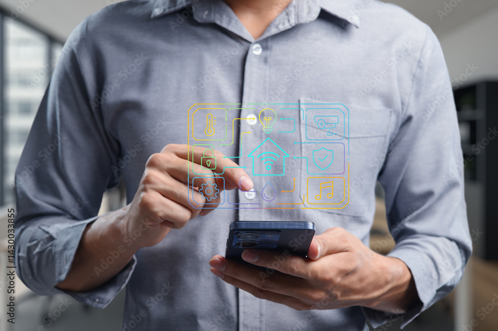 Aufkleber modern user interacting with home automation interface on smartphone