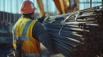 Construction Worker Carrying Steel Reinforcement Bars