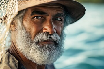 Portrait of a skillful fisherman holding a fishing net near the water.