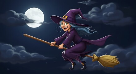 Happy Witch Flying on a Broom at Night