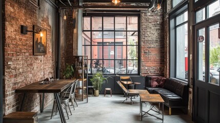 Naklejka premium Industrial Chic Cafe Interior Design: Exposed Brick Walls, Large Windows, and Metal Accents
