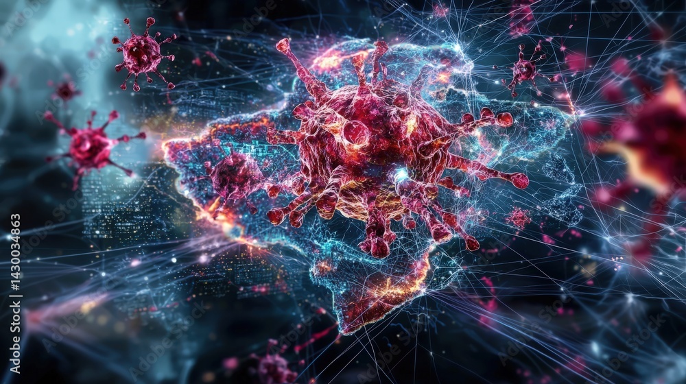 Poster Viral outbreak simulation in a sci-fi digital universe 3d visualization of disease spread from an abstract perspective