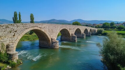 Fototapeta premium A stone arch bridge spans a river in a picturesque landscape.