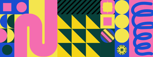 playful colorful memphis retro vibrant geometric abstract background with shapes and patterns vector illustration