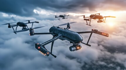 Drone fleet maneuvering in cloudy skies aerial photography advanced technology stunning visuals