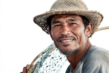 Portrait of a skillful fisherman on a white background holding a fishing net with a proud smile.
