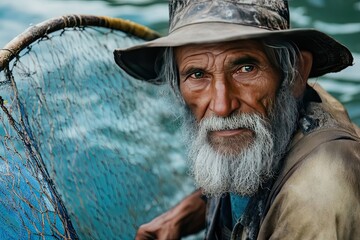 Portrait of a skillful fisherman holding a fishing net near the water.