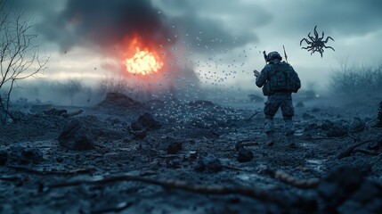 Fototapeta premium Explosive warfare scene desolate battlefield digital art post-apocalyptic low angle survival concept