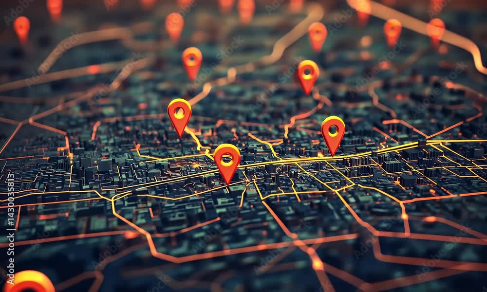 Poster futuristic digital map interface showing glowing gps location markers on a city grid, representing a