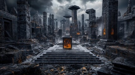 Fototapeta premium Ancient ruins emerge from shadows mystic city digital art surreal environment dramatic perspective fantasy concept