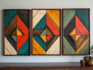 Fototapeta premium Geometric wooden wall art featuring bold, symmetrical designs and vibrant wood tones
