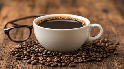 Fototapeta premium Coffee cup on beans with glasses near a wooden table