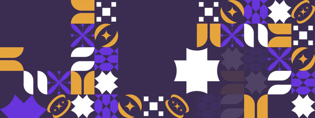 trendy vibrant abstract shapes geometric patterns with retro memphis on dark purple background