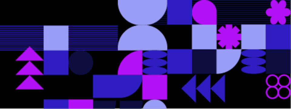 Dynamic modern abstract design with purple geometric shapes on dark background