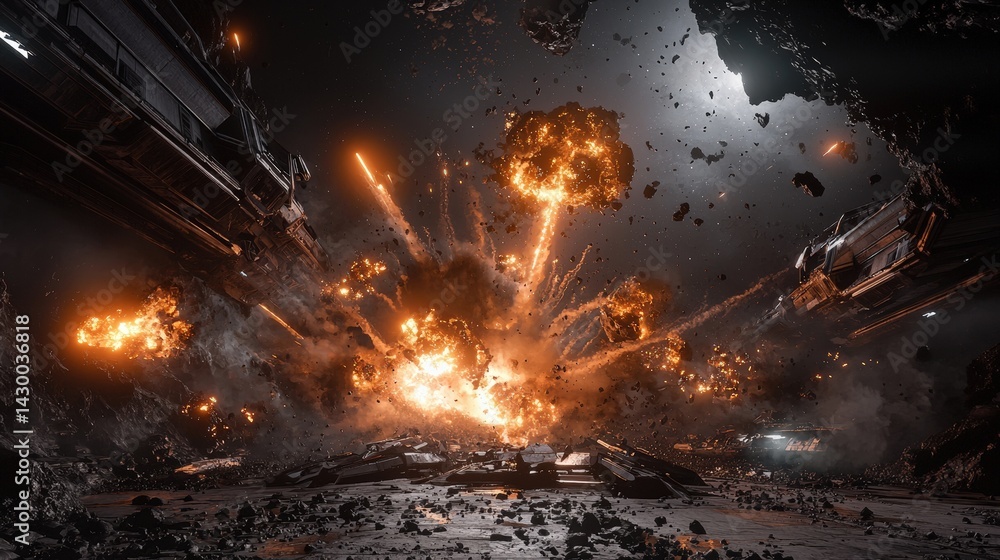Poster explosive space battle asteroid field digital art sci-fi environment dramatic perspective chaos and 
