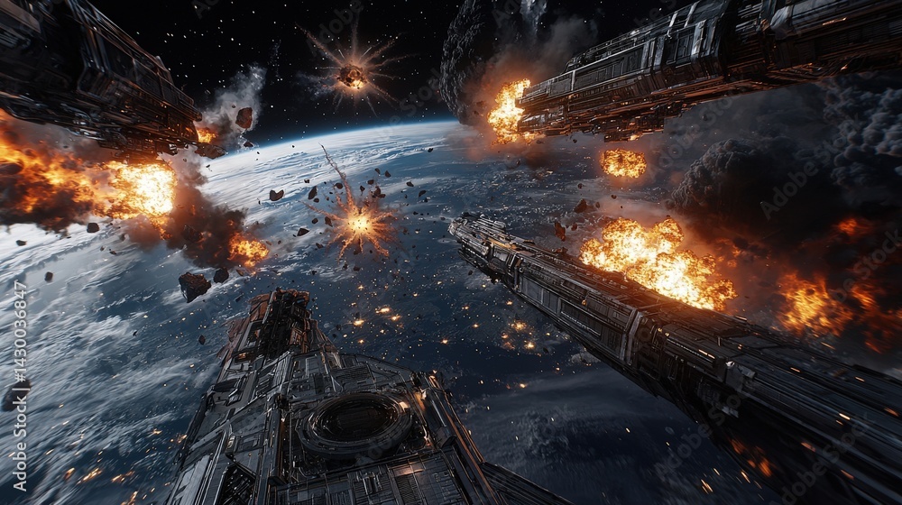 Poster epic space battle explosions and chaos over earth digital art outer space high-action science fictio