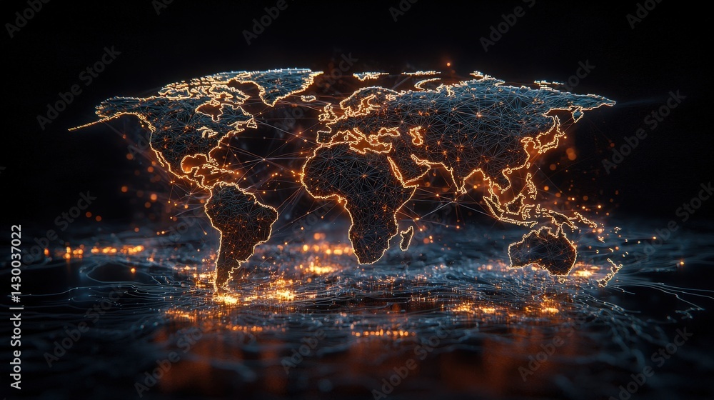 Poster Global connectivity illuminated world map visualization digital space technology nighttime abstract concept