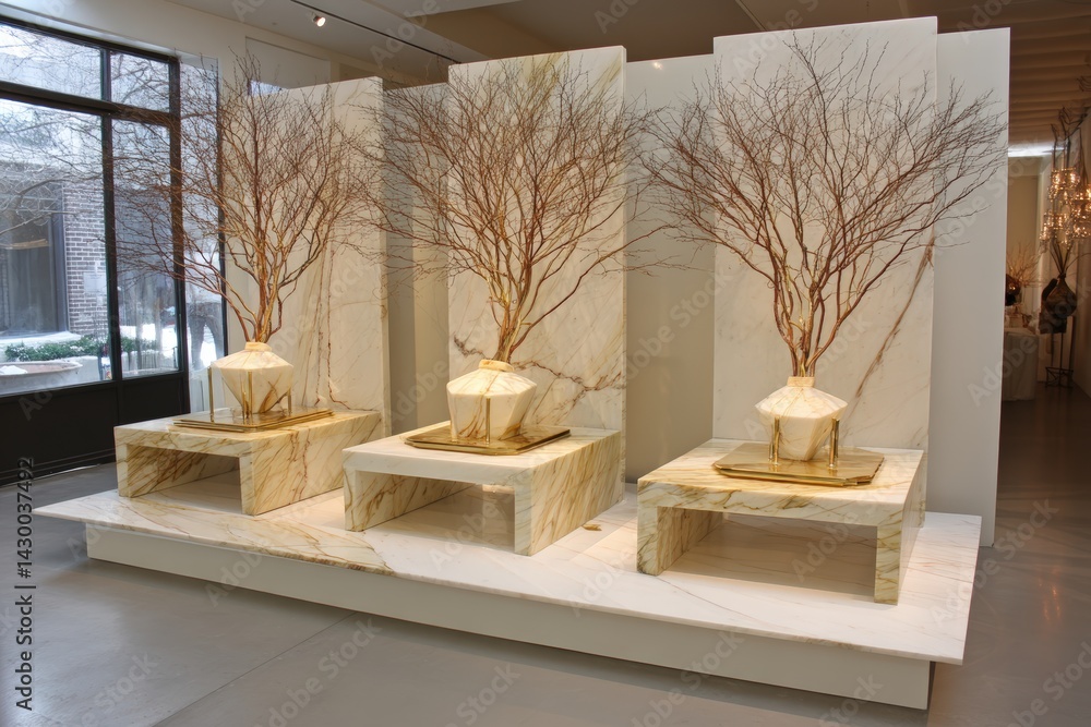 Poster artistic installation featuring minimalistic trees and geometric shapes.