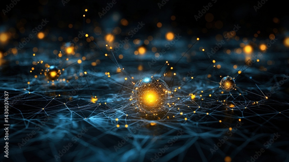 Poster Dynamic energy particle interaction in a quantum field abstract visualization digital art science concept
