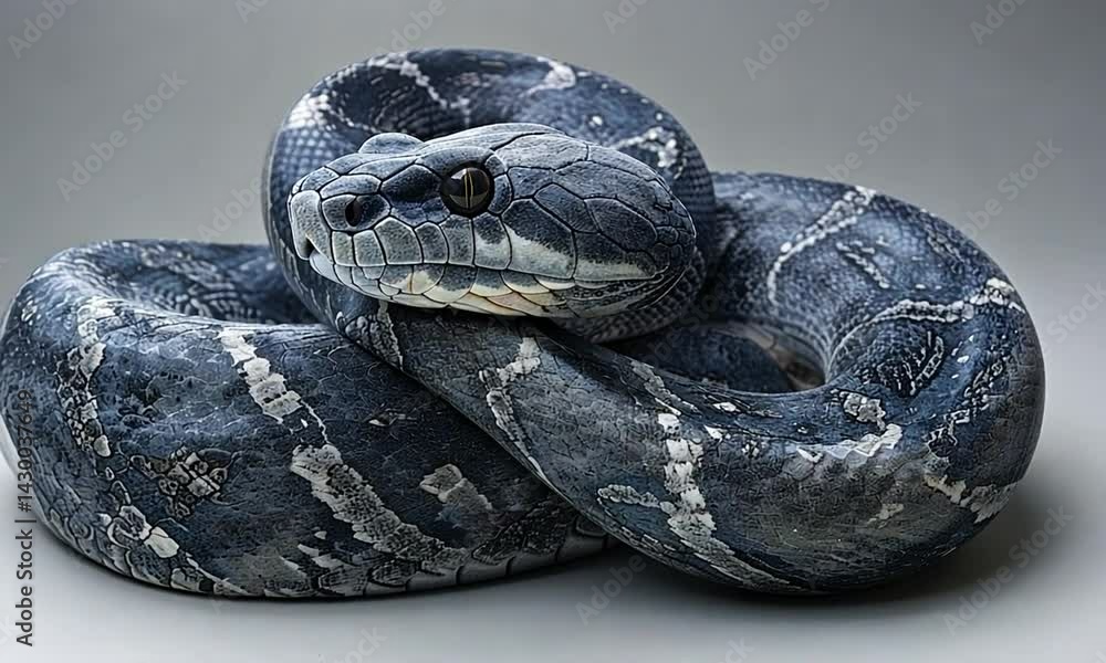 Poster A close-up of a coiled blue python resting on a smooth surface, showcasing its intricate scales and patterns