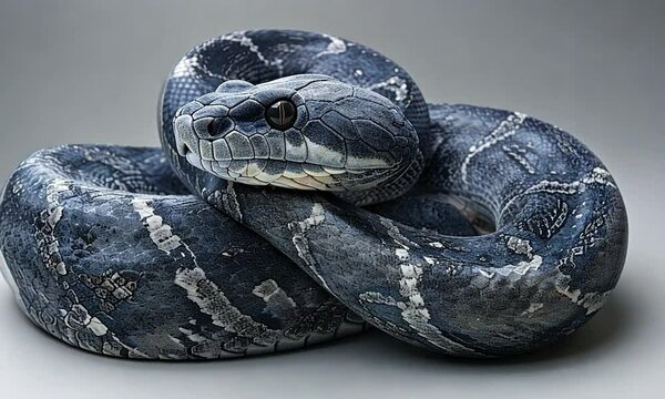 A close-up of a coiled blue python resting on a smooth surface, showcasing its intricate scales and patterns