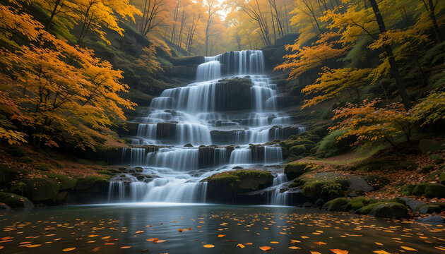 Serene Autumn Waterfall Cascade in Golden Forest