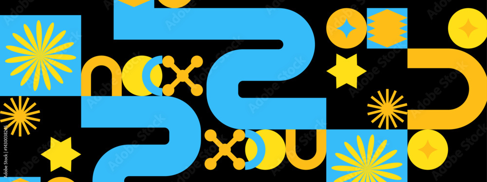 Poster abstract geometric design with blue and yellow shapes and patterns in modern style vector illustrati
