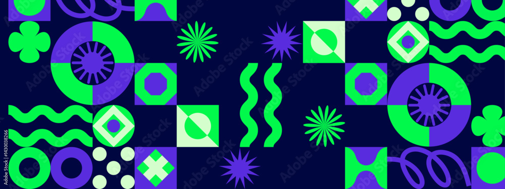 Poster green and purple geometric abstract design with shapes and modern patterns on dark background